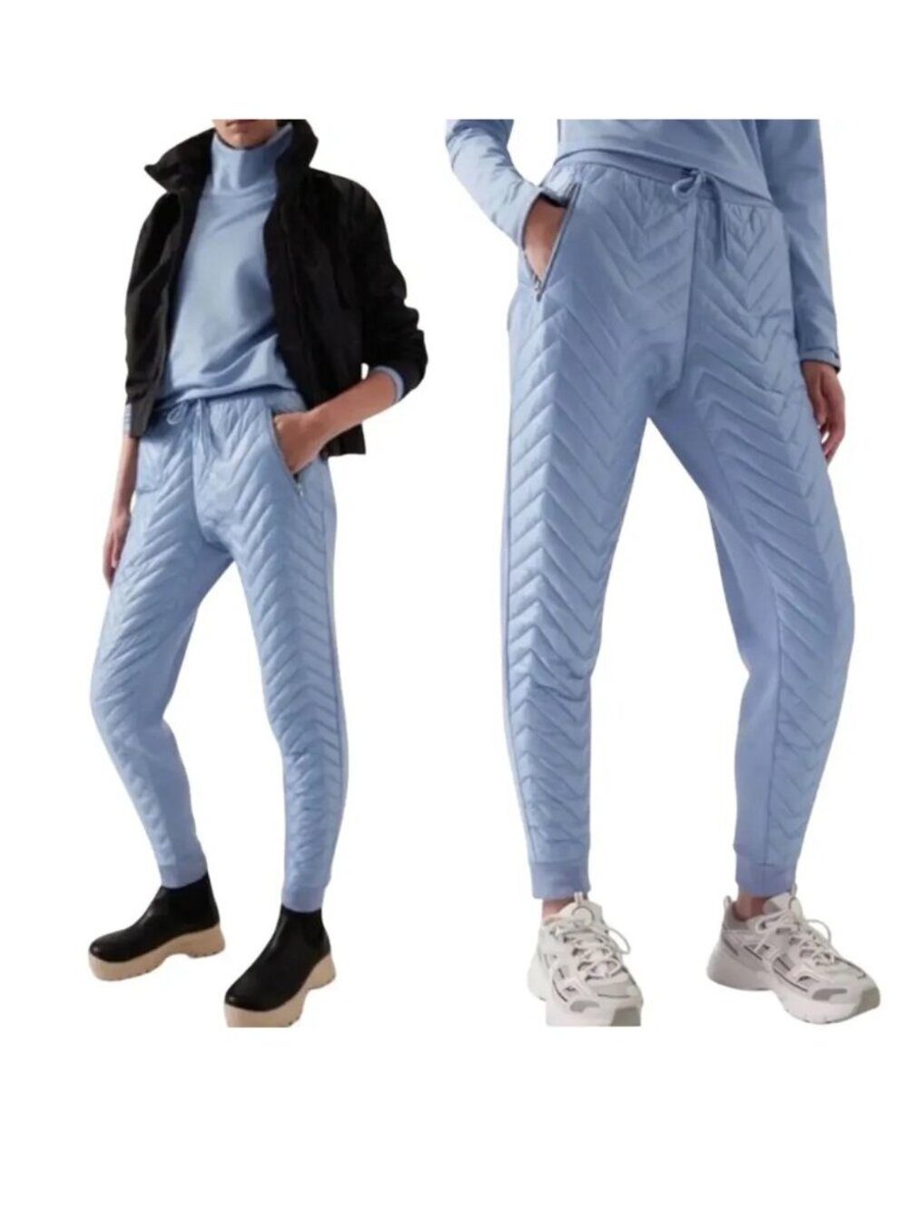 Athleta Apres Ski Down Jogger Pants Shasta Blue Quilted Puffer Size 10